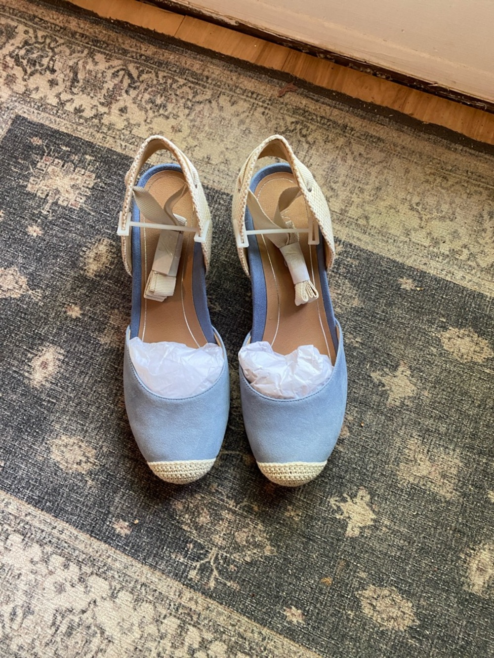 Vionic Light Blue and Cream Espadrille Ankle-Strap Wedges